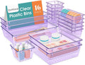 16 PCS Drawer Organizer Set, 5 Varied Size Bathroom and kitchen Drawer cabinet organizer Trays, Clear Storage Bins for Makeup, Jewelry, Utensils and Gadgets, Purple