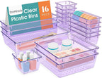16 PCS Drawer Organizer Set, 5 Varied Size Bathroom and kitchen Drawer cabinet organizer Trays, Clear Storage Bins for Makeup, Jewelry, Utensils and Gadgets, Purple