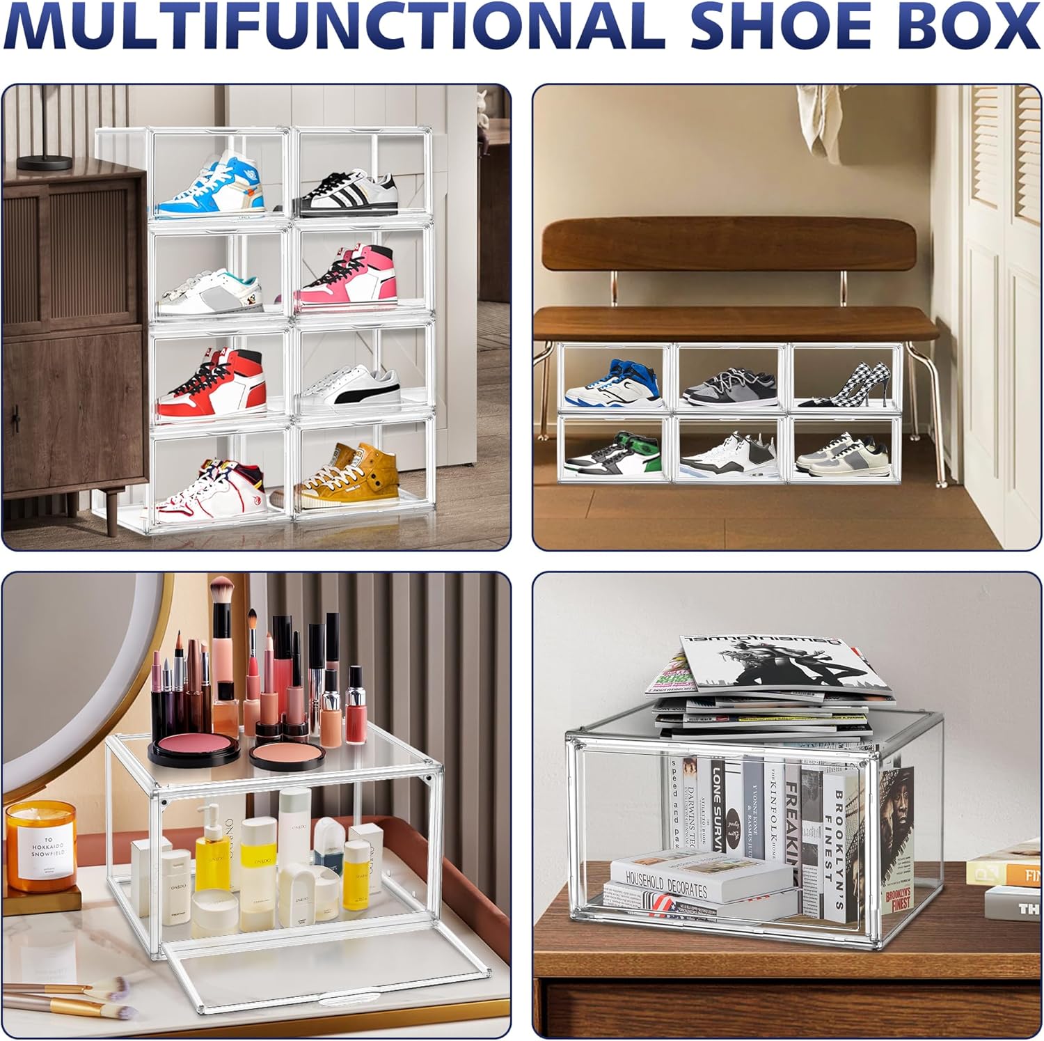 12 Pack Acrylic Shoe Boxes, Size 12 Clear Plastic Stackable Shoe Storage Boxes with Magnetic Lid Acrylic Display Case Sneaker Containers Underbed Closet Make-Up Storage Box