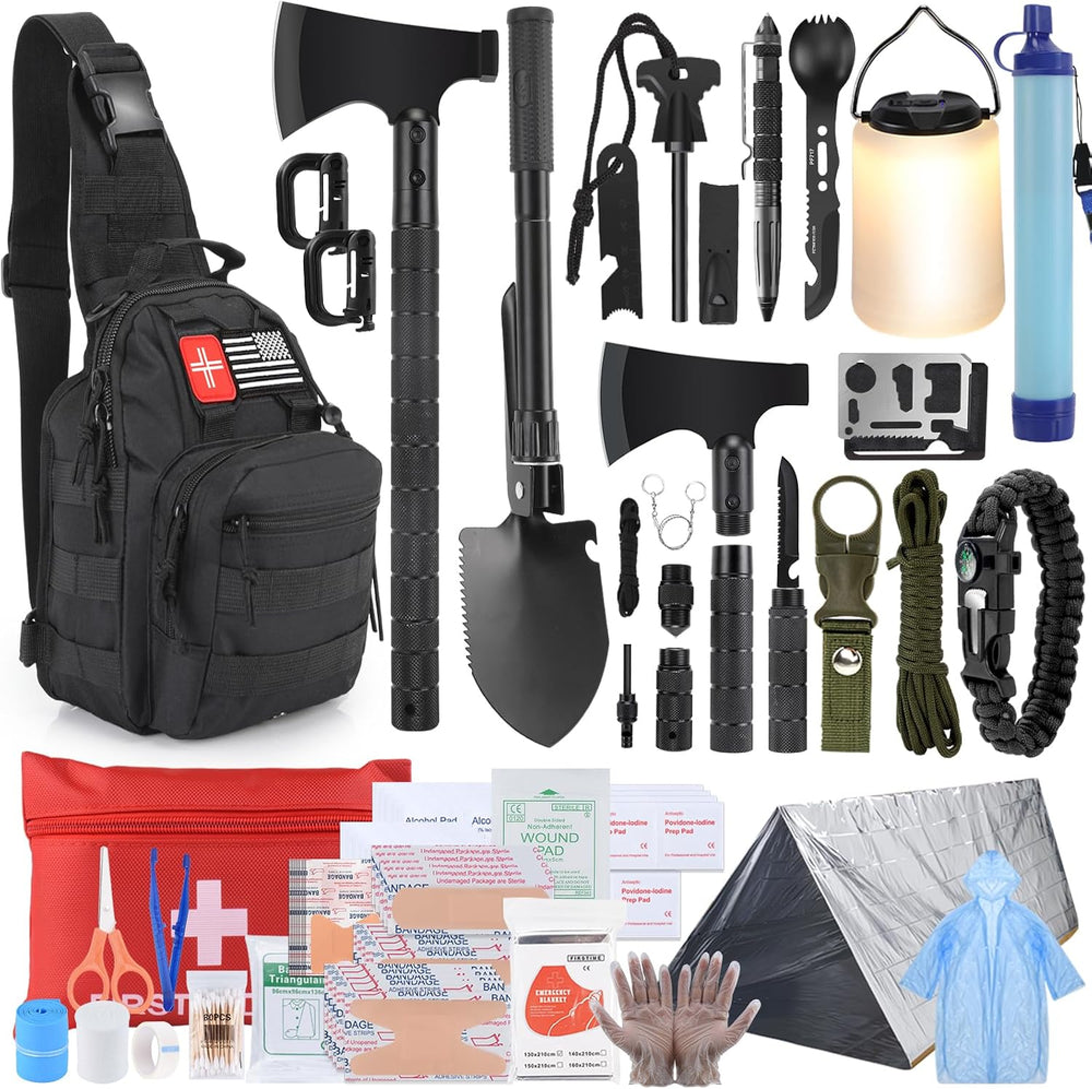 Survival Kit–219Pcs Bug Out Bag with First Aid Kit, Crossbody Bag, Axe, LED C...