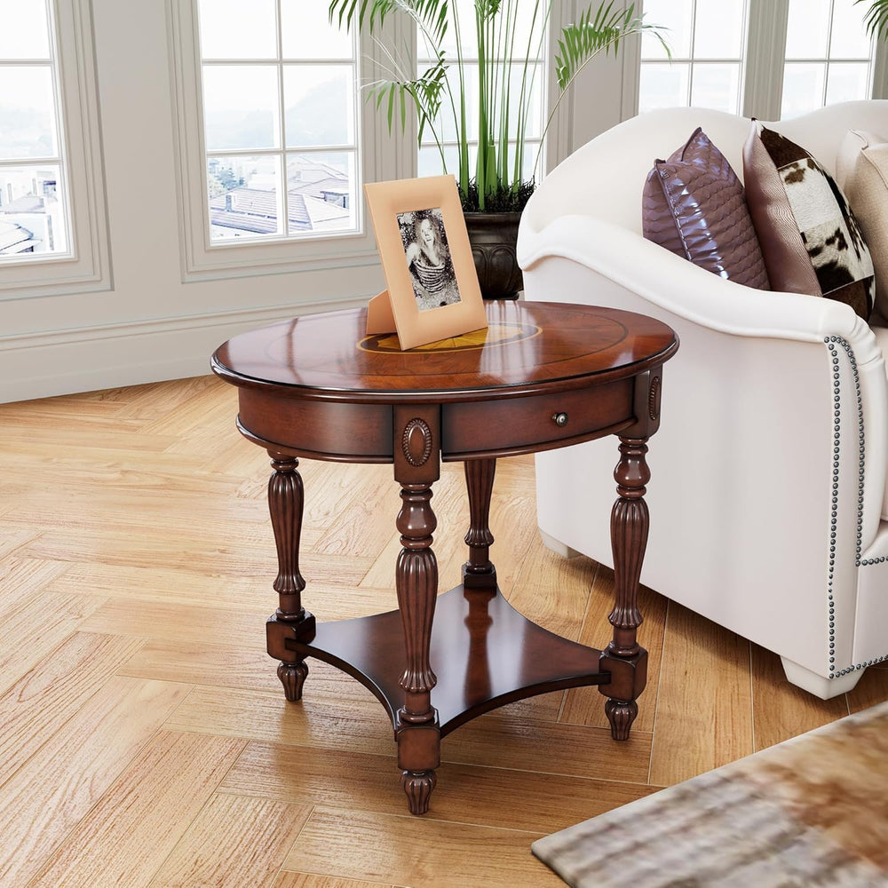 Solid Wood Oval End Table with Drawer, 28"x24" Sofa Side Table with...