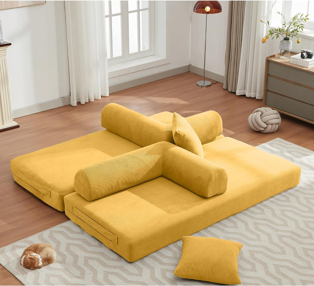 ZEIINPA Convertible Floor Sofa Bed with Fixed-Shape Frame, Modular Corduroy Folding Mattress Couch with Armrest, Floor Sofa Lounge Couch for Living Room Bedroom Lounge Studio -Yellow