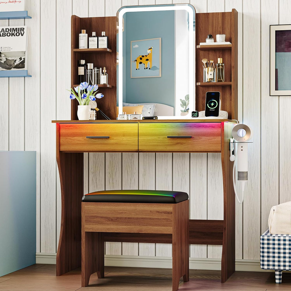 Vanity Desk with LED Lights Mirror & Power Outlet, Small Makeup Vanity Ta...