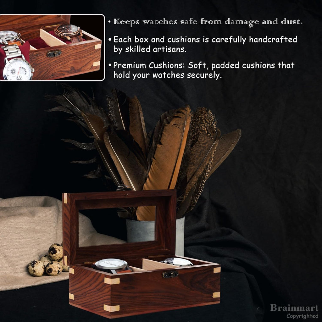 Wooden Watch Box for Men & Women, Watch Organizer & Display Case, Premium Long-Lasting Watch Holder for Storage, Elegant Gift for Watch Collectors (Glass Top, 3 Slots)