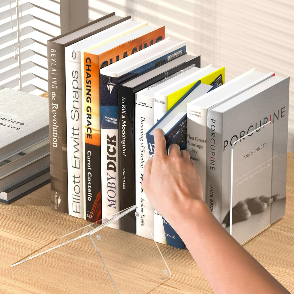 Acrylic Bookends 4 Pcs, Clear Book Ends for Shelves, Transparent Bookend Organizer, Book Holder Stand Decorative, Book Stoppers for Heavy Duty Books, CD, File, Video Games