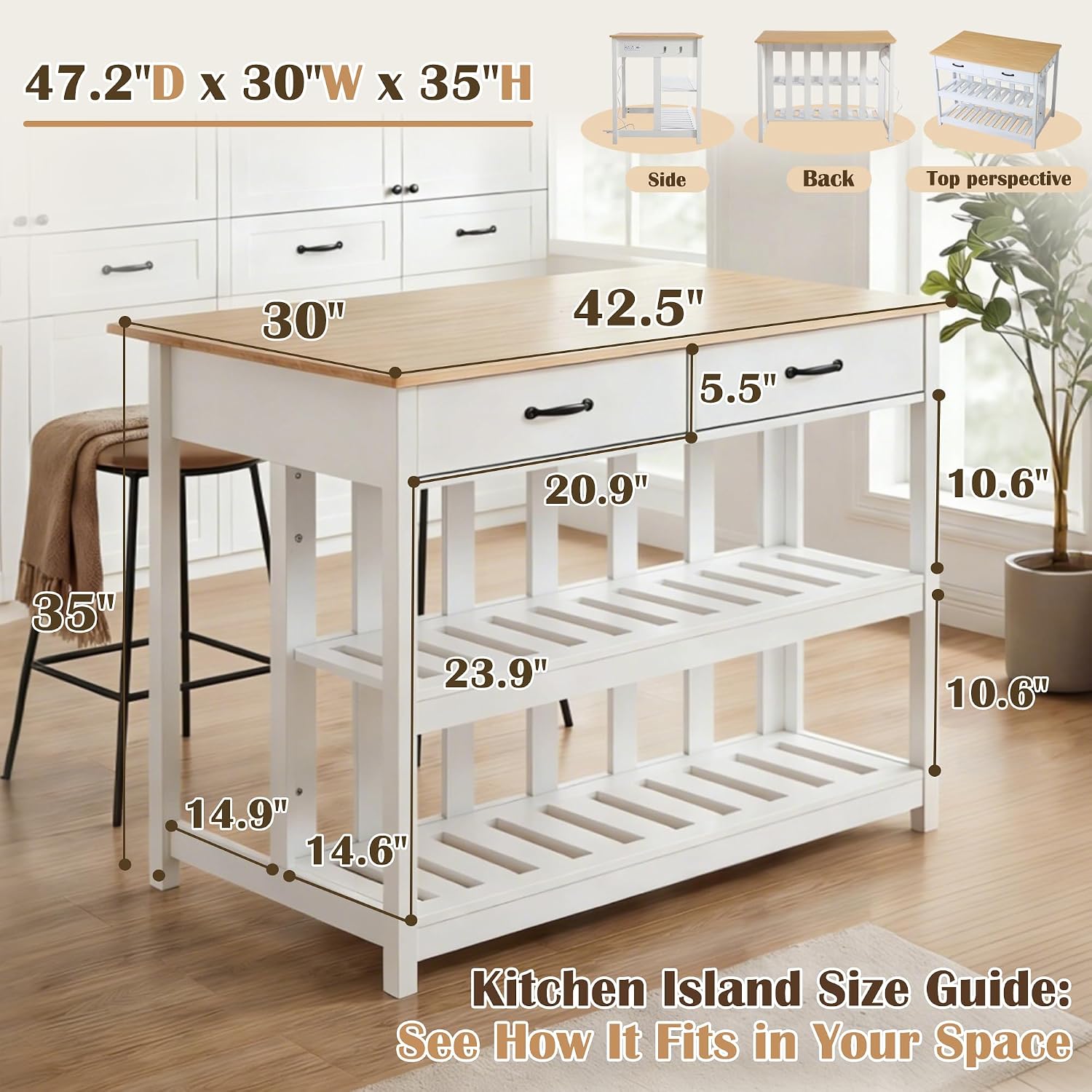 47.2" Kitchen Island with Storage & Wine Rack, Modern Stationary Island Table with Large Worktop - Features 3-Tier Shelf, 2 Drawers, Power Outlets & Hooks for Dining & Coffee Bar, White