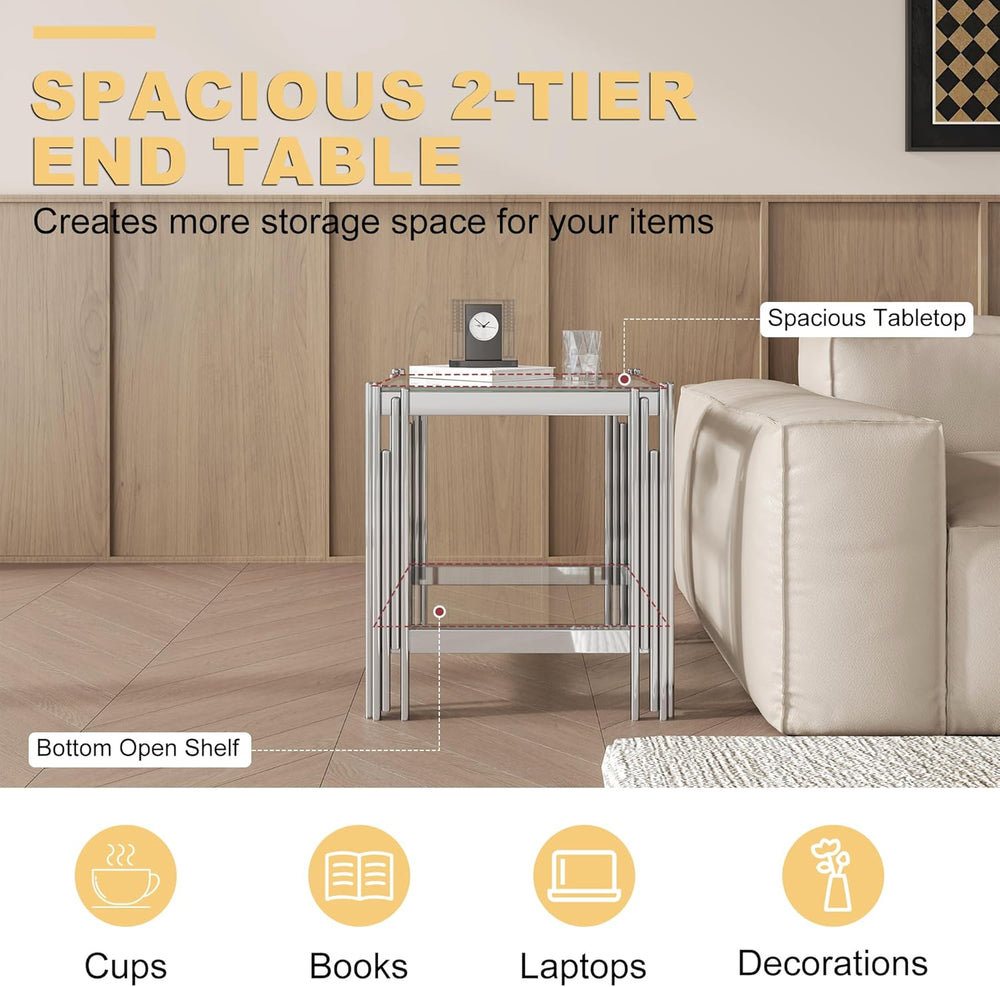 Square Glass End Table with Clear Tempered Glass Top & Silver Stainless S...