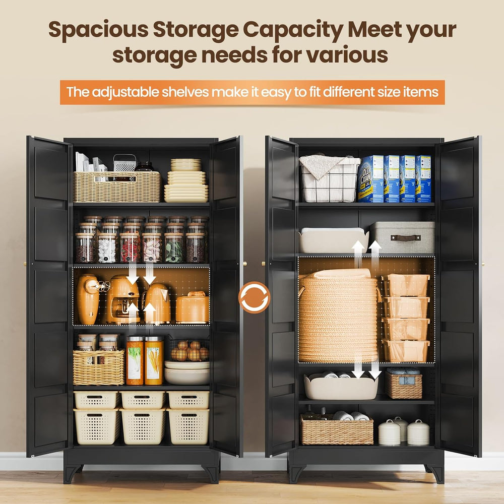 Yizosh Metal Pantry Cabinet,- 72" Black Kitchen Pantry Storage Cabinet w...
