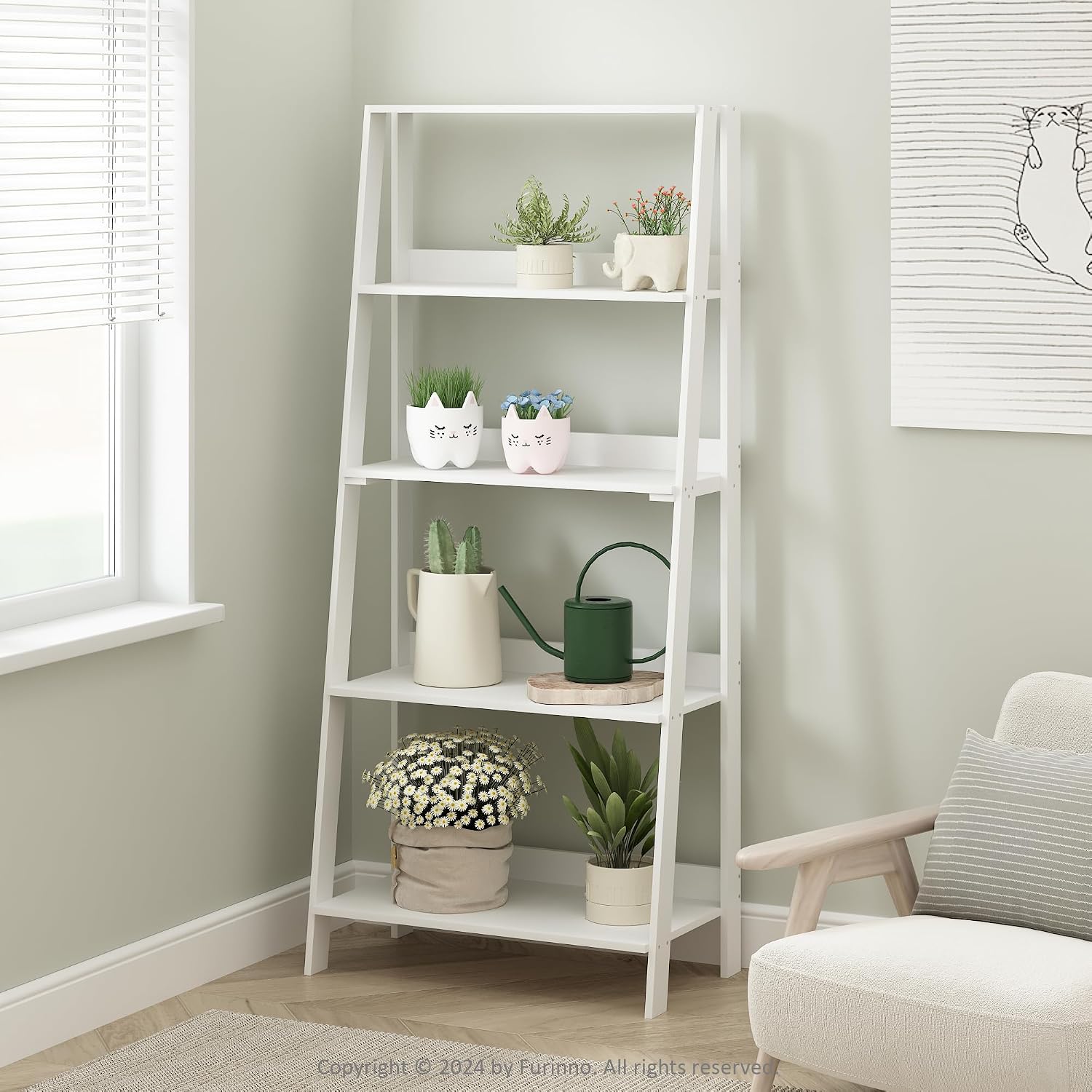 Furinno Ladder Display Shelf, 5-Tier Ladder Shelf, Standing Bookshelf, Display Storage Shelves, 13 x 23.6 x 53.5, for Living Room, Home Office, White