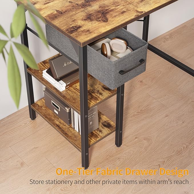CubiCubi Computer Desk, 35 Inch Small Home Office Workstation with Drawer Storage Shelves for Small Space, Writing Study Desk, Rustic Brown