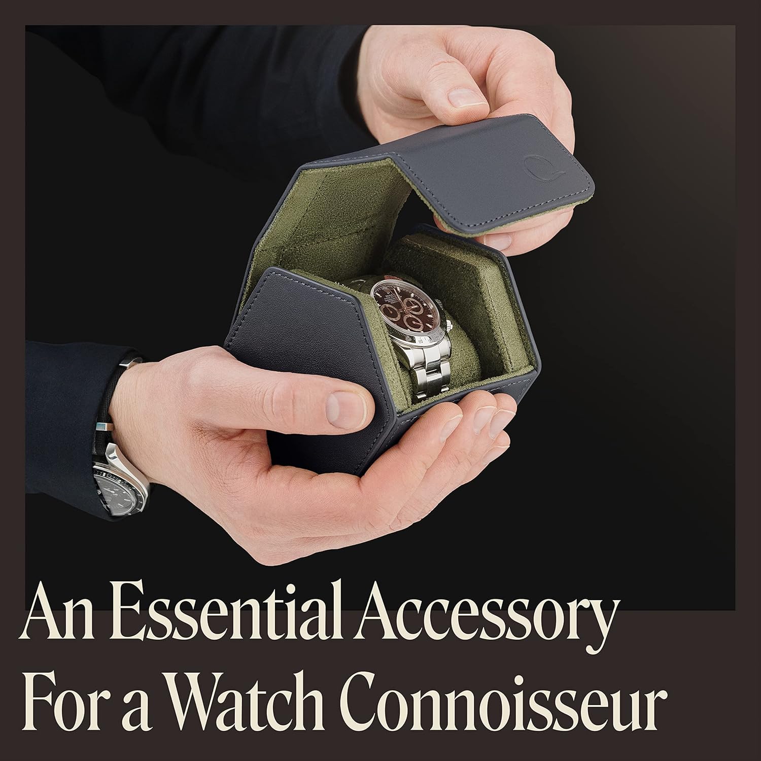 QWATCHBANDS Leather Watch Cases for Men - Hexagon Single & Double Watch Roll Travel Case - Genuine Napa Leather with Velvet Interior - Storage & Display Holder 1 or 2 Watches