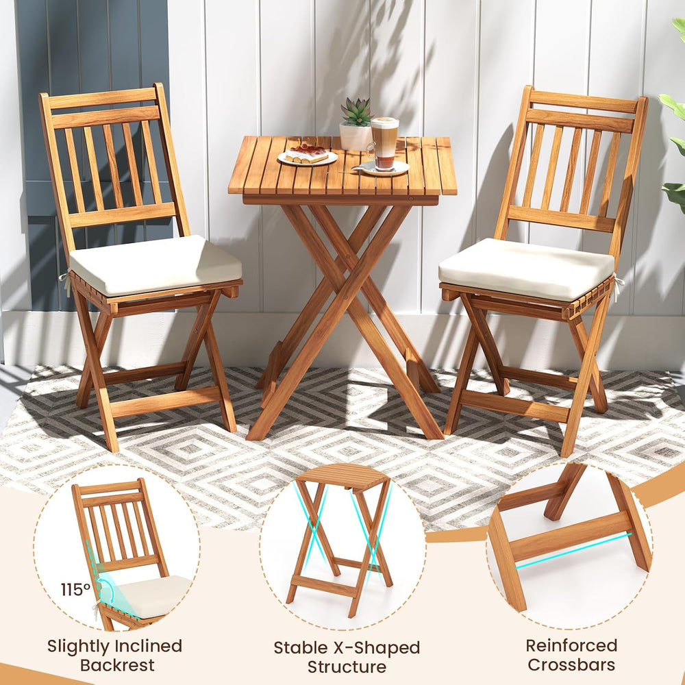 KOTEK Outdoor Folding Bistro Set, 3 Pieces Acacia Wood Bistro Set with Soft C...