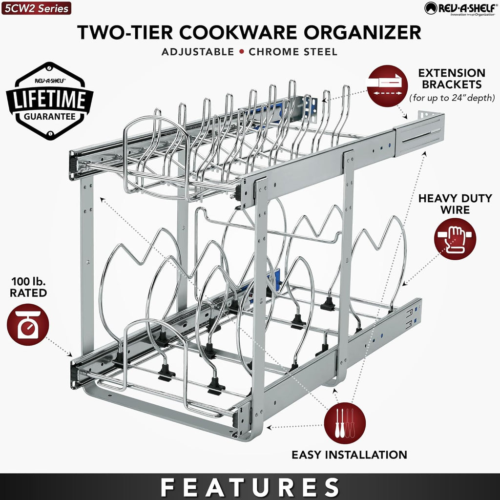 Rev-A-Shelf 2-Tier Kitchen Cabinet Pullout 11.75" Cabinet Organizer for Pots, Pans, and Lid Cookware, Adjustable Heavy Duty Wire, Chrome, 5CW2-1222-CR