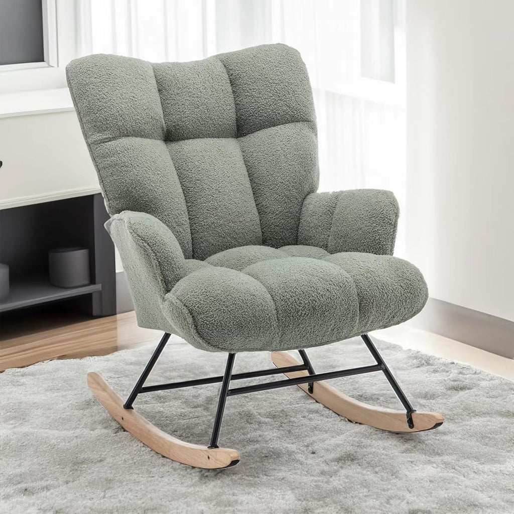 SAETSFEG Rocking Chair Nursery Teddy Upholstered Glider Rocker Rocking Accent Chair Padded Seat with High Backrest Armchair Comfy Side Chair for Living Room Bedroom Offices (Green Teddy)