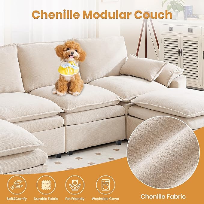 130" U Shaped Modular Sectional Sofa, Couch with Ottoman Storage, Chenille Cloud Couch with Plush Deep Seating for Living Room, Bedroom (Beige, 9 Seat)