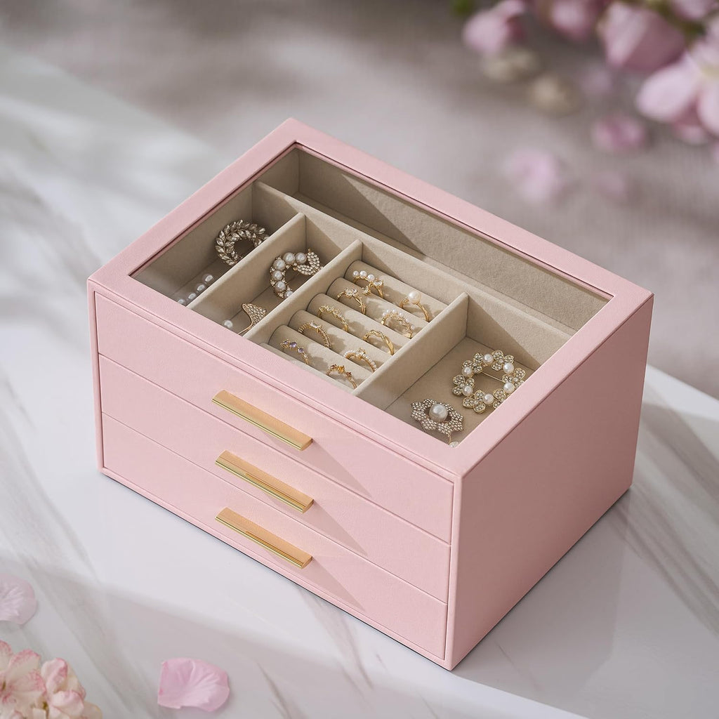 pickpiff Jewelry Box Organizer Case for Women: 3-Layer Jewelry Storage Case with Glass Window, Pink Leather with Velvet Holder for Ring Necklace Bracelet Brooch Watch, Great Gift for Her