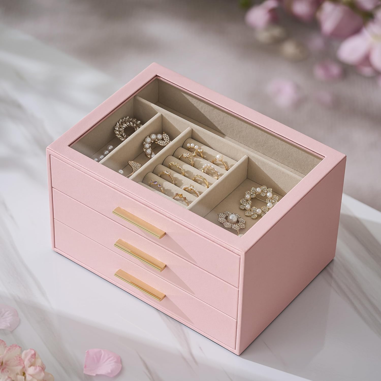 pickpiff Jewelry Box Organizer Case for Women: 3-Layer Jewelry Storage Case with Glass Window, Pink Leather with Velvet Holder for Ring Necklace Bracelet Brooch Watch, Great Gift for Her