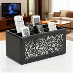 SHYFOY Remote Control Holder with 6 Compartments, Black Glass Desktop Organizer, Crystal Detail Design, 4.3x8.3x4 Inches, Multi-Purpose Storage Caddy for TV Remotes and Office Supplies