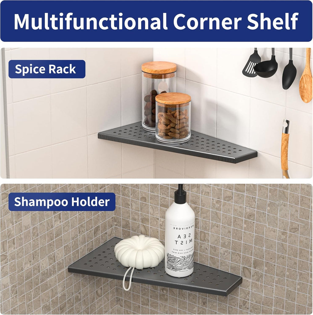 Corner Shower Shelf, 12" Trapezoid Grout in Shelf 304 Stainless Steel Grid Design Recessed Bathroom Shelf for Tiled Wall (Gunmetal, 12"-2 Pack)