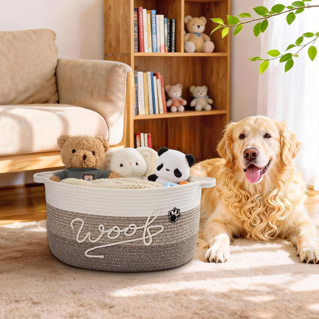 30L Woof Dog Toy Basket with Handles, Large Dog Toy Storage Bin with Paw Print, Woven Dog Basket for Blankets, Toys, Chews, Pet Toy Box for Nursery, Living Room, Bedroom, 17”x12”x9, Brown