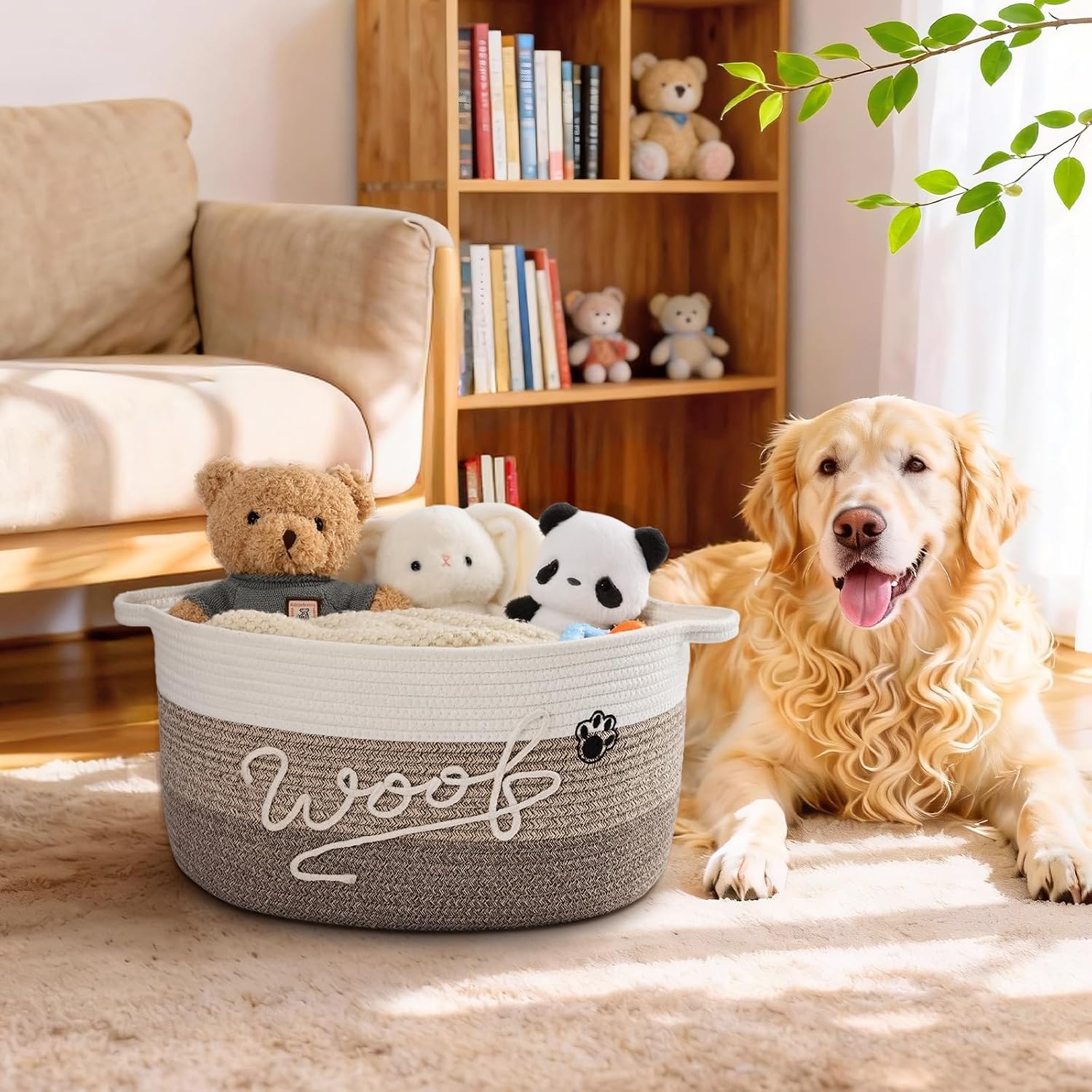 30L Woof Dog Toy Basket with Handles, Large Dog Toy Storage Bin with Paw Print, Woven Dog Basket for Blankets, Toys, Chews, Pet Toy Box for Nursery, Living Room, Bedroom, 17”x12”x9, Brown