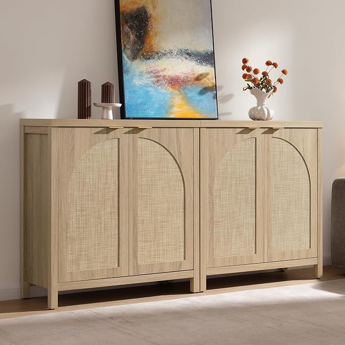 SICOTAS 68" W Rattan Sideboard Buffet Cabinet with Storage Set of 2, Mid Century Modern Credenza with Arch Doors & Shelves Boho Coffee Bar Media Console Cabinets for Kitchen, Living Room, Entryway