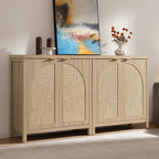 SICOTAS 68" W Rattan Sideboard Buffet Cabinet with Storage Set of 2, Mid Century Modern Credenza with Arch Doors & Shelves Boho Coffee Bar Media Console Cabinets for Kitchen, Living Room, Entryway