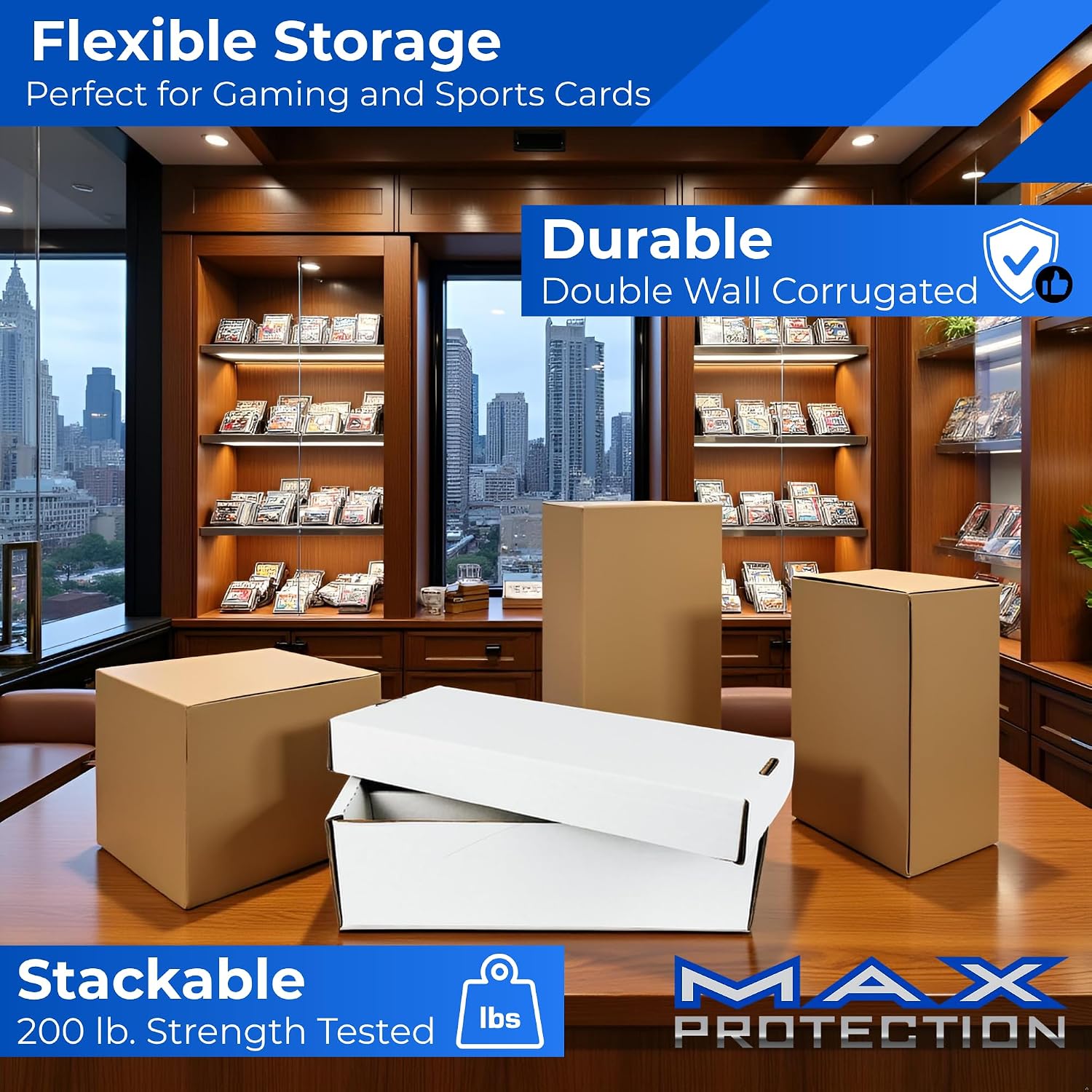 Max Protection 2 Row Card Storage Box - Toploader Storage Boxes - 1 Count | Made in USA, Cardboard, Shoe Style, White Corrugated, 200 Lb Test, Holds 1600+ Trading Sports Baseball Collectible