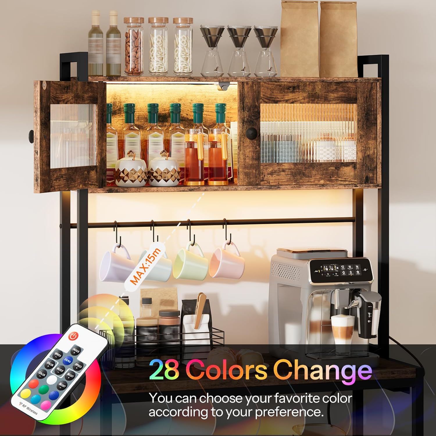HOOBRO Bakers Rack with Storage Cabinet, 5-Tier Coffee Bar with Power Outlet and LED Lights, Industrial Microwave Oven Stand with Shelves, Kitchen Storage Shelf, Rustic Brown and Black BF13UDHB01