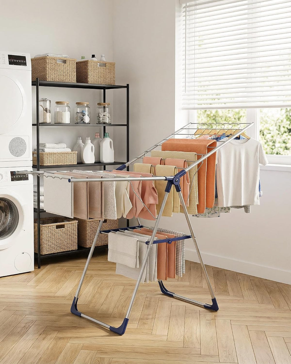 Sakugi Clothes Drying Rack with Height-Adjustable Wings, Metal Foldable Laund...