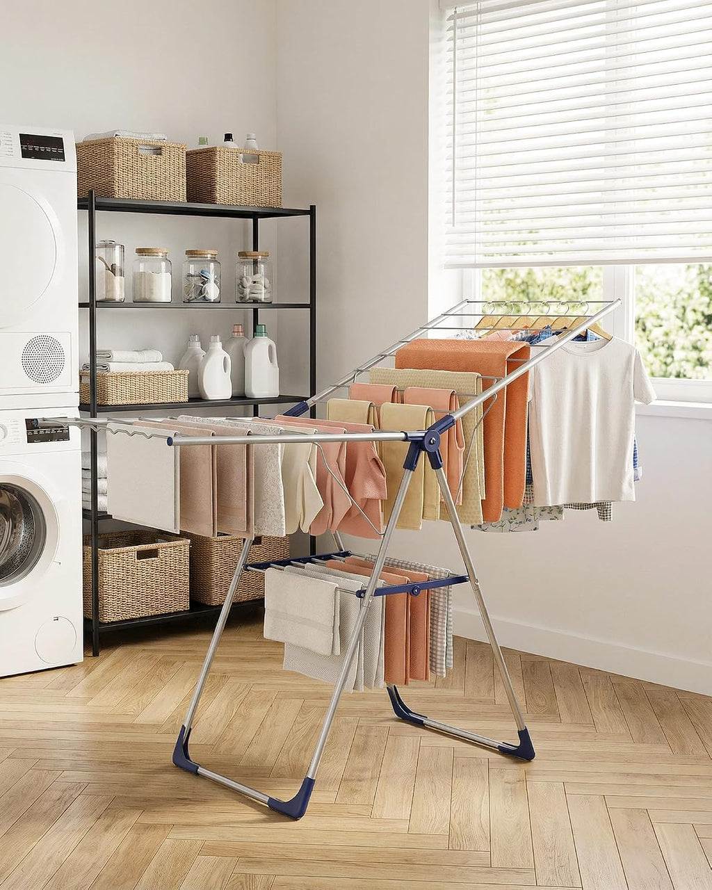 Sakugi Clothes Drying Rack with Height-Adjustable Wings, Metal Foldable Laundry Dryer Stand for Clothing & Bedding, Free-Standing Collapsible for Indoor & Outdoor Use, 55.5" L × 22.8" W, Silver Blue