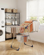 Sakugi Clothes Drying Rack with Height-Adjustable Wings, Metal Foldable Laundry Dryer Stand for Clothing & Bedding, Free-Standing Collapsible for Indoor & Outdoor Use, 55.5" L × 22.8" W, Silver Blue