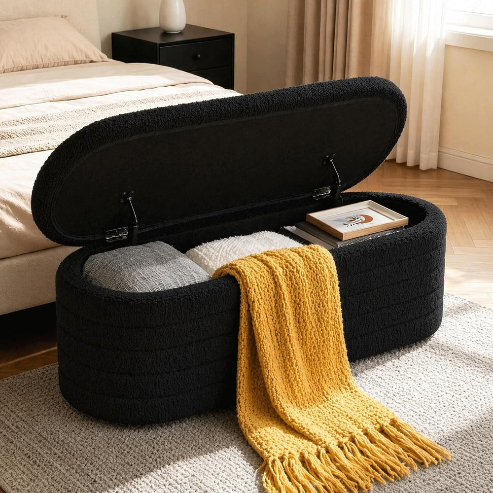 Teddy Sherpa Oval Black Ottoman with Storage, 45.5-inch Bench | Teddy Upholst...