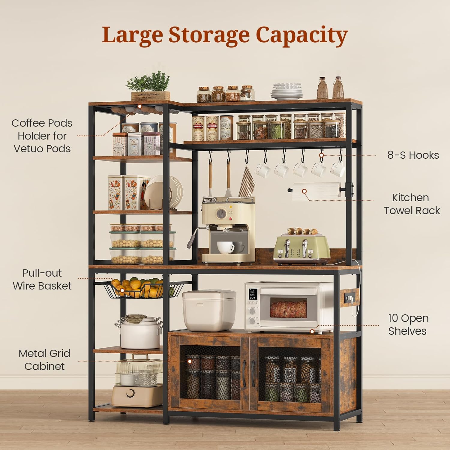 47.2 in Bakers Rack with Power Outlet & LED Light, Coffee Bar with Coffee Pod Holder for Vetuo, Kitchen Microwave Stand with Storage Shelves, Paper Holder, Cabinet, Wire Basket, 8 Hooks (Rustic Brown)