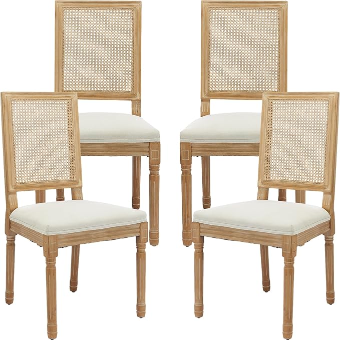 French Country Dining Chairs Set of 4, Cream Kitchen & Dining Room Chairs Set of 4, Ivory Rattan Dining Chairs, Cane High Back, Wood Legs, Sillas De Comedor (Rattan, Beige, 4Pcs)