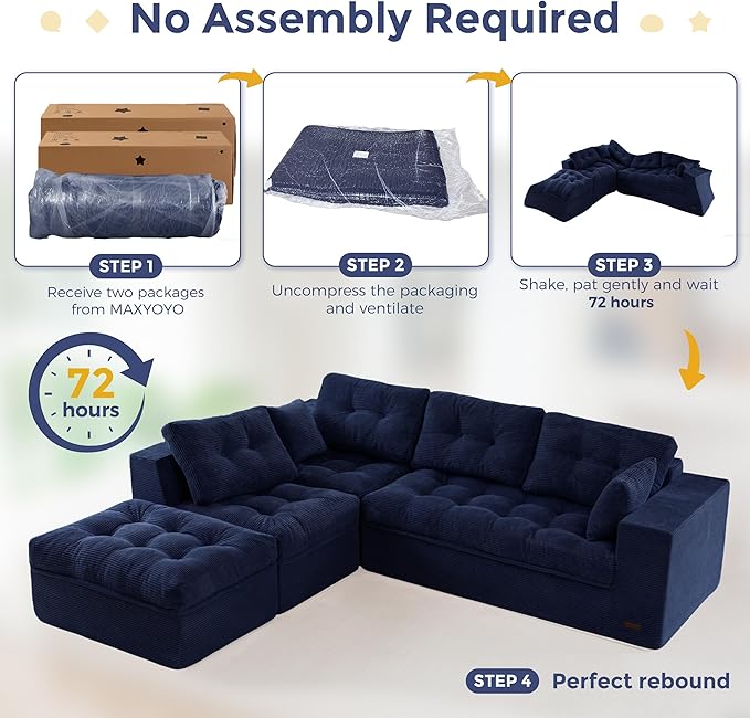 MAXYOYO 132" L Shaped Modular Sectional Sofa with Ottoman, Cloud Boneless Couch with Layered Cushion, Upholstered Sofa in a Box, Flexible Module Combination for Living Room, No Assembly, Navy
