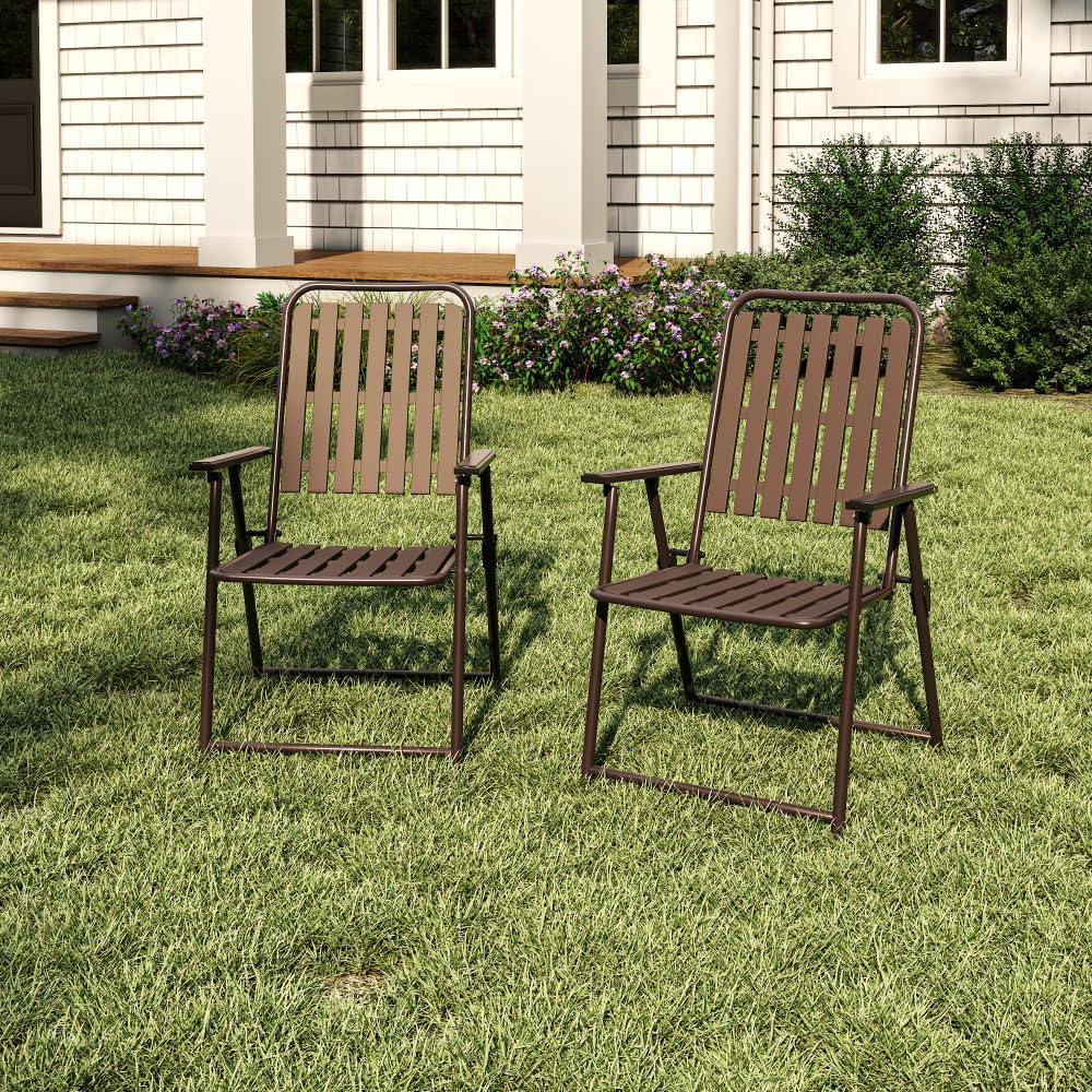 Patio Folding Chairs, Set of 2 Brown Outdoor Portable Chairs with 350 lb Capa...