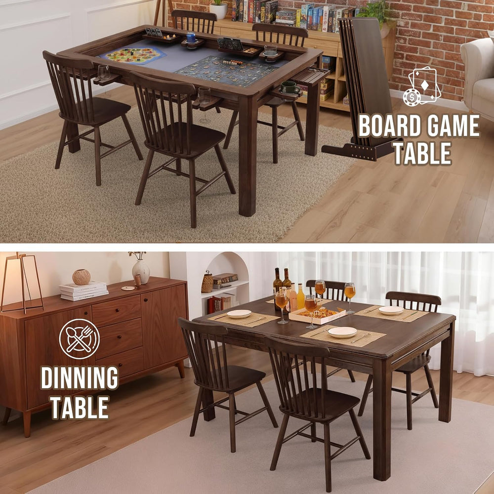63" Solid Wood Board Game Table for Gaming/Dining, Removable Top | Gamin...