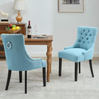 Modern Leisure Linen Dining Chairs Set of 2, Upholstered Dining Chair with Solid Wood Legs, Mid-Century Dining Room Chairs with Pull Ring and Tufted Backrest, Light Blue