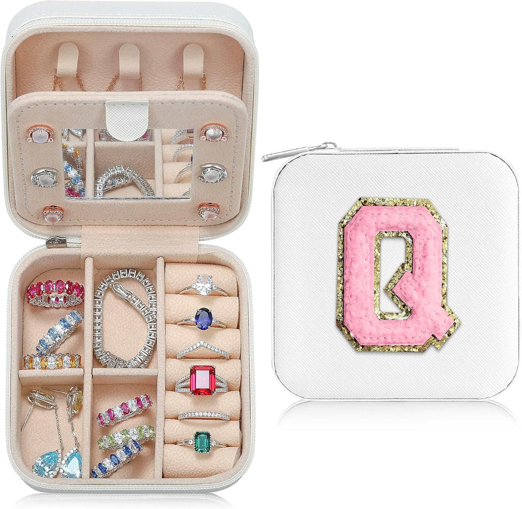 Parima Jewelry Organizer Box, Small Jewelry Box for Women Girls Initial Q Travel Jewelry Case Small Jewelry Organizer Box Travel Jewelry Case Jewelry Box Organizer - Letter Q, White