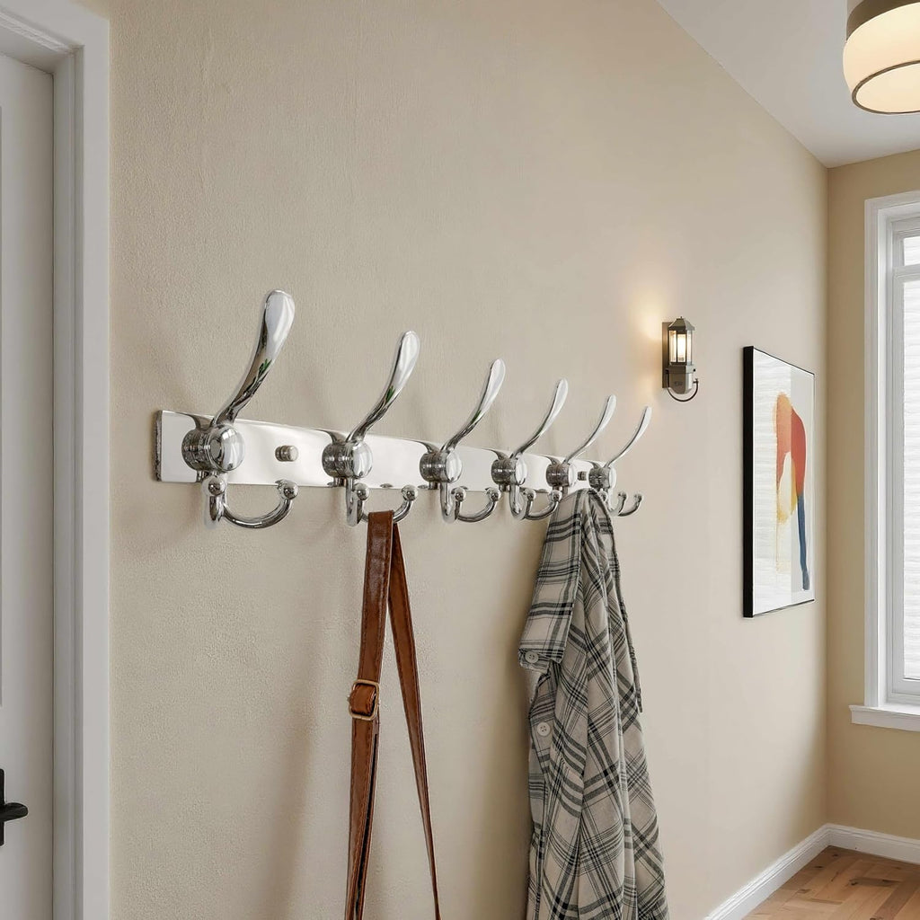 Dseap Coat Rack Wall Mount 2.0 Pro: 24” Long, 3X Tougher, Heavy Duty Stainless Steel Wall Coat Hanger with 6 Tri Hooks for Clothes Jackets Hats Entryway Closet, Chromed, Pack of 2