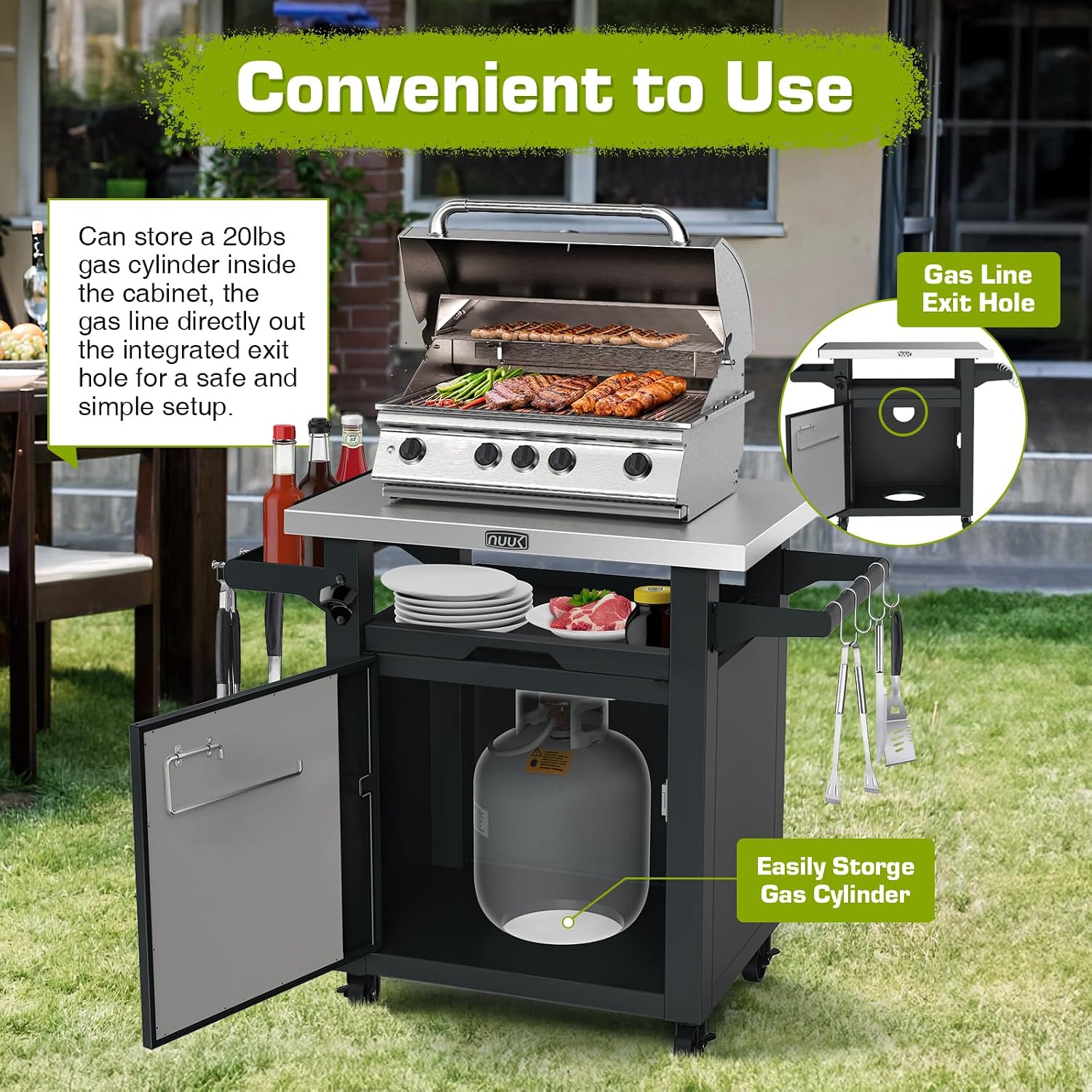 NUUK Grill Table with Storage Cabinet, Outdoor Bar Cart Pizza Oven Table with Wheels, Stainless Steel Top Kitchen Island 20" x 30" Rolling Prep Station for Indoor, BBQ, Deck, Backyard