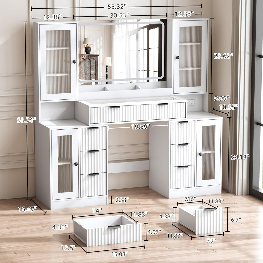 55" Vanity Desk with Mirror & Lights, Fluted Makeup Vanity with 8 Dr...