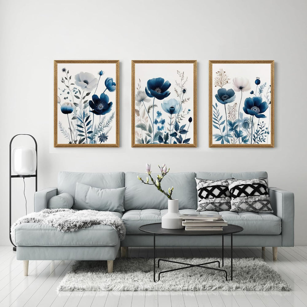 DUWQU Triptych Navy Blue Watercolor Botanical Floral Wall Art 12x16 in x3