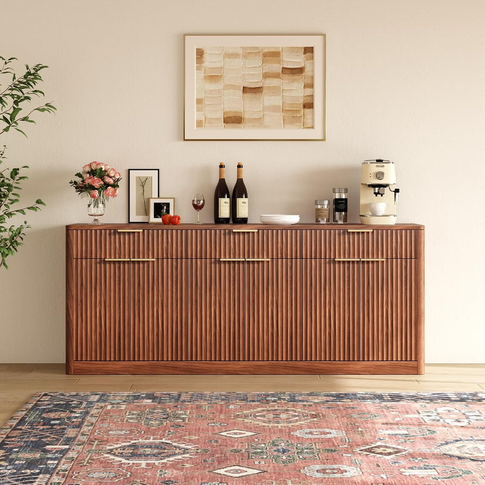 Evermagin 67" Fluted Walnut Sideboard Buffet Cabinet with 3 Drawers, Mod...