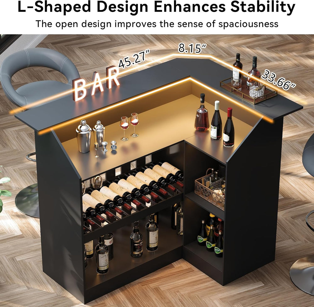 L Shaped Bar Table with LED Light, 4-Tier Corner Wine Bar Cabinet with Stemwa...