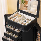 Standing Jewelry Armoire with Top Flip Mirror, 7 Drawers & 2 Side Doors, Large Freestanding Jewelry Organizer Box for Rings Earrings Necklaces Bracelets Watches Glasses (Black)