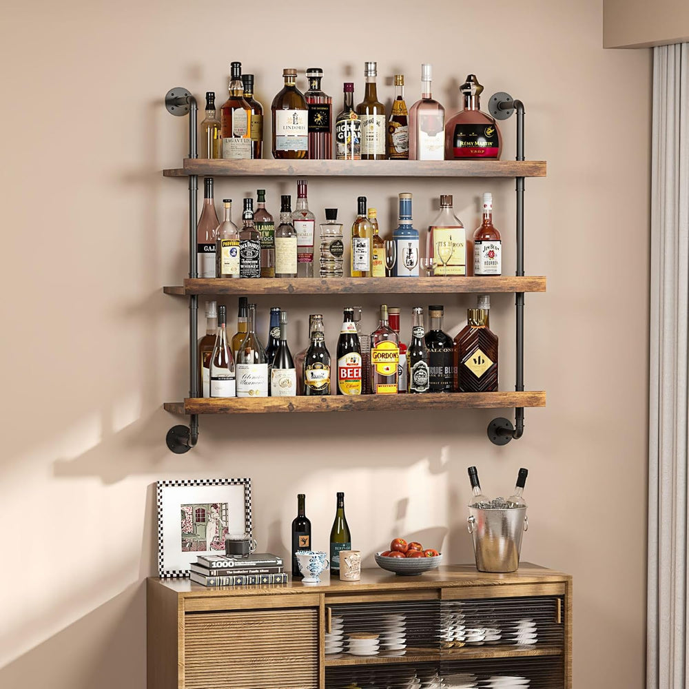 3-Tier Wall Mounted Wine Rack with LED | Liquor Bottles Floating Shelves Disp...