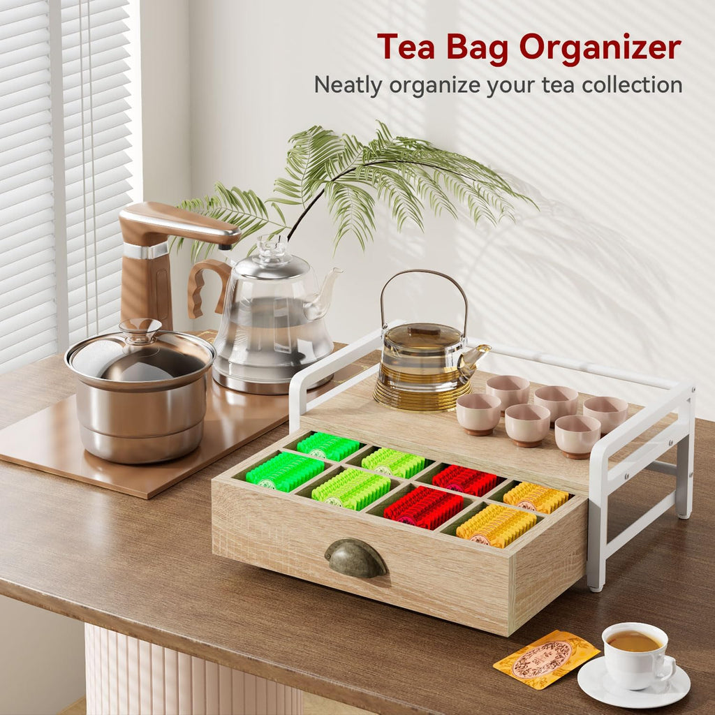 IBUYKE Tea Bag Organizer for Countertop,2 Tier Tea Box Organizer with Drawer,Wood Tea Bag Holder with Metal Frame,Tea Station Organizer for Kitchen Cabinet,Coffee Station,Office,Natural UTCJ004R