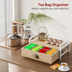 IBUYKE Tea Bag Organizer for Countertop,2 Tier Tea Box Organizer with Drawer,Wood Tea Bag Holder with Metal Frame,Tea Station Organizer for Kitchen Cabinet,Coffee Station,Office,Natural UTCJ004R